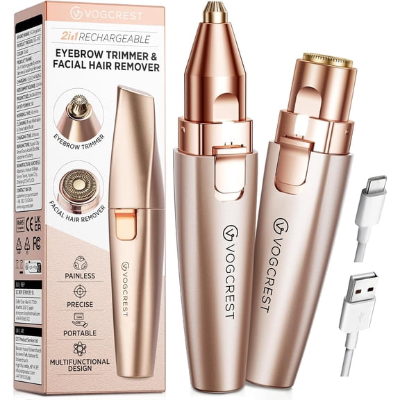 VG VOGCREST Eyebrow & Facial Trimmer: 2 in1 Rechargeable Hair Removal Shaver - Body Razor with Built-in LED Light (Rose Gold)