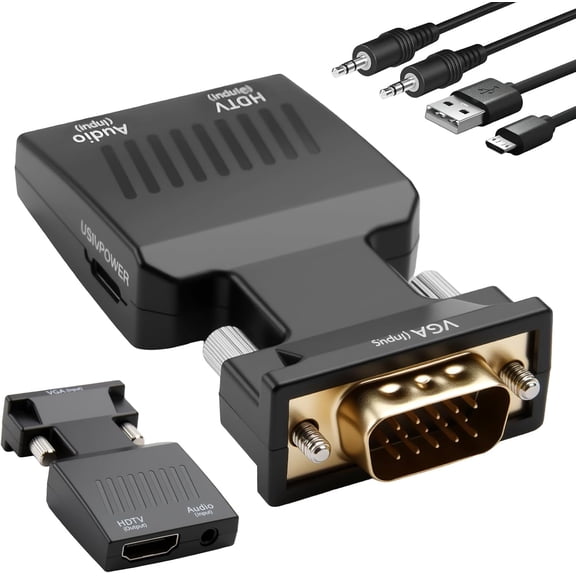 VGA to HDMI Converter with Audio 1080P, VGA Male to HDMI Female Adapter for Laptop Computer Projector Display TV, VGA Input to HDMI Output Adapter with 3.5mm Audio Jack and Mrico USB Cable