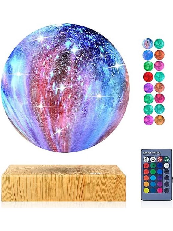 Decorative Levitating Table Lamp with Galaxy Moon 16 LED Colors Touch Base , Multi-Color , 3 D Printed Rotating for Home & Office Desk Decor