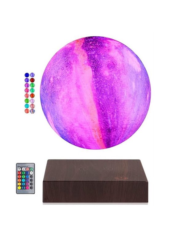 Levitating Moon Table Lamp with Gradient Changing LED Night Light & Square Wood Base