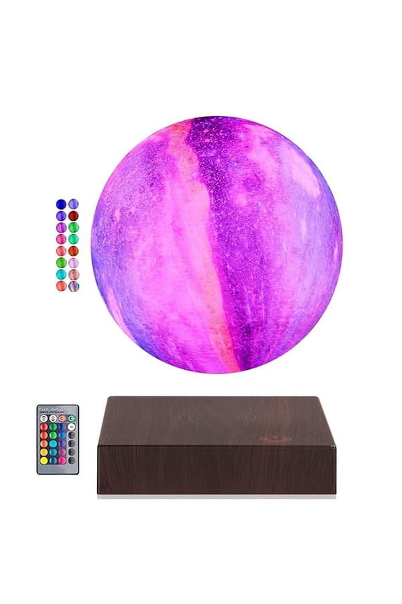 Levitating Moon Table Lamp with Gradient Changing LED Night Light & Square Wood Base