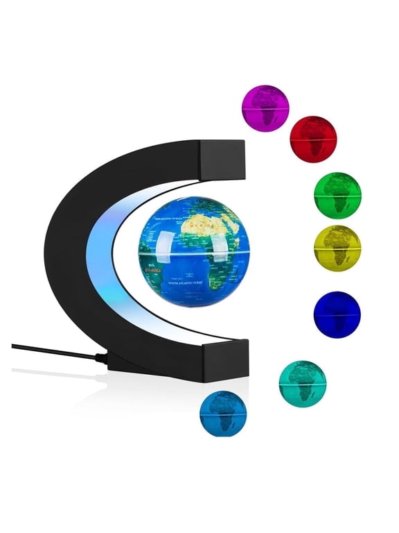 Magnetic Levitating Globe C Shape,Floating Rotating Geographic Globe World Map in Colored LED Lights & Anti Gravity ,Home/Office Desk Decor ,Unique Gift