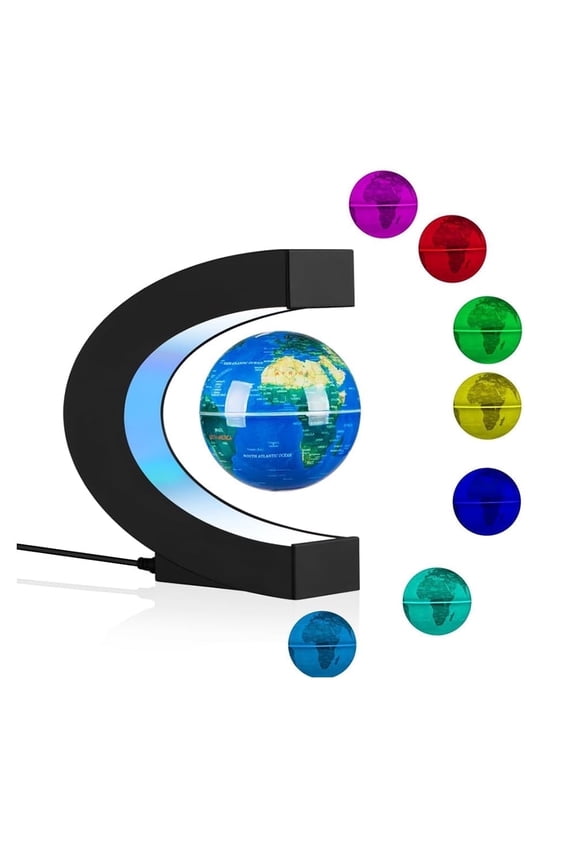Magnetic Levitating Globe C Shape,Floating Rotating Geographic Globe World Map in Colored LED Lights & Anti Gravity ,Home/Office Desk Decor ,Unique Gift