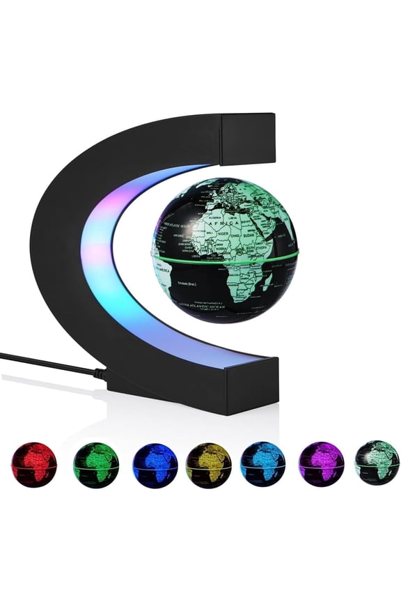 Magnetic Levitation Globe,Floating Rotating World Map ,Geographic Globe in Colored LED Lights & C Shape Anti Gravity ,Home/Office Desk Decor Display Stand,Gift for Kid/Student ,Cool Gadget