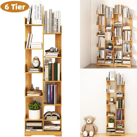 VGBYUJ 6-Tier Tree Bookshelf, Floor Standing Wood Bookcase with 12 Open Storage Shelves, 56.7'', Light Brown