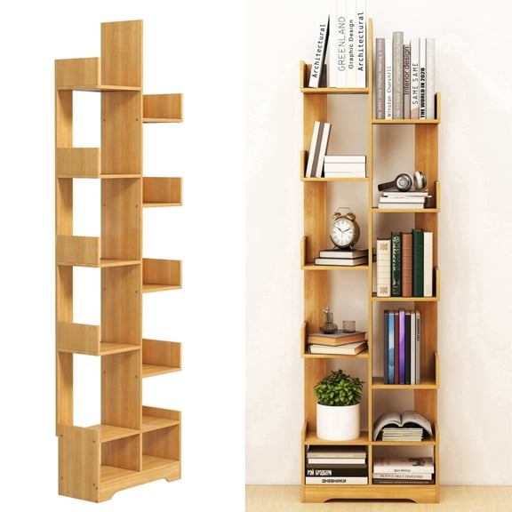 VGBYUJ 6-Tier Tree Bookshelf, Floor Standing Wood Bookcase with 12 Open Storage Shelves, 56.7'', Light Brown