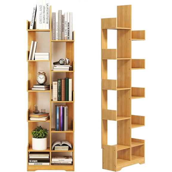 VGBYUJ 6-Tier Tree Bookshelf, Floor Standing Wood Bookcase with 12 Open Storage Shelves, 56.7'', Light Brown