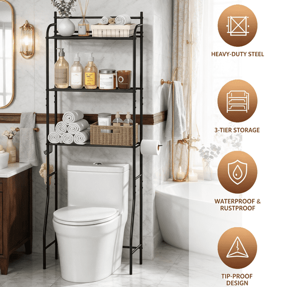 VGBYUJ Over The Toilet Storage Unit, Space-Saving Bathroom Rack with 4 Hooks & Toilet Paper Holder, Metal Shelf for Bathroom, Laundry Room, Black