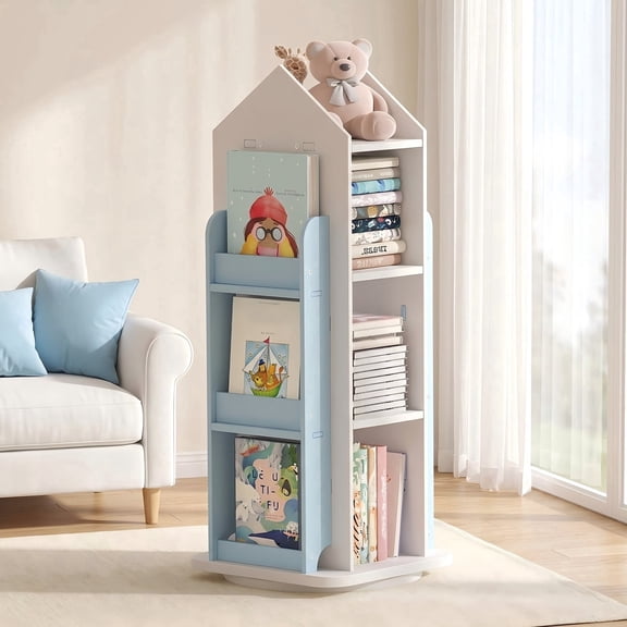 VGBYUJ 3 Tier Rotating Bookshelf, 360° Revolving Display Floor Standing Bookshelves, Spinning Book Shelf Organizer for Home Bedroom, Blue
