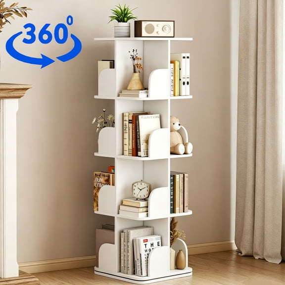 VGBYUJ Rotating Bookcase, 4 Tier Spining Bookshelf, 360° Revolving Bookcase with 16 Shelves, White Wood 50.6"H x 15.7"L x 15.7"W