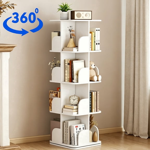 VGBYUJ Rotating Bookcase, 4 Tier Spining Bookshelf, 360° Revolving Bookcase with 16 Shelves, White Wood 50.6"H x 15.7"L x 15.7"W