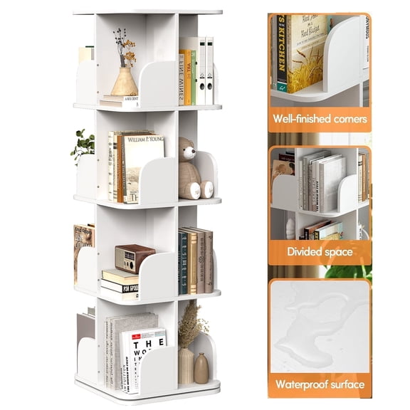 VGBYUJ Rotating Bookcase, 4 Tier Spining Bookshelf, 360° Revolving Bookcase with 16 Shelves, White Wood 50.6"H x 15.7"L x 15.7"W