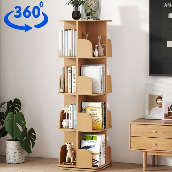 VGBYUJ 4 Tier Rotating Bookshelf, Square Spinning Bookshelf Tower for Small Space, 360 Display Revolving Bookcase Floor Standing Storage Rack, Natural