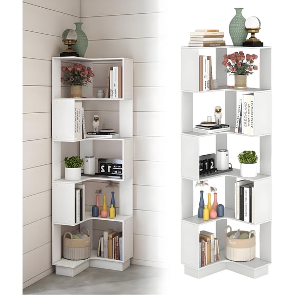 VGBYUJ 5-Tier Corner Bookshelf, L-Shaped Corner Shelf Stand, Wood Display Storage Organizer Bookcase with Open Shelves for Living Room Bedroom Home Office, White