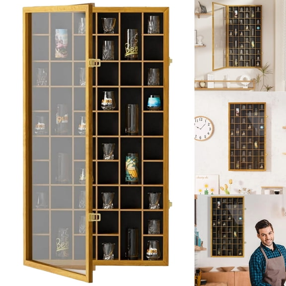VGBYUJ 52-Slot Shot Glass Display Case - Lockable Solid Wood Cabinet with Removable Shelves, Wall-Mounted Wine Cup Storage Box, Large Wooden Cabinet for Home & Store (32.5 x 17.9in, Brown)