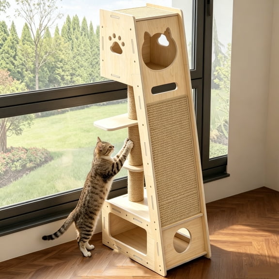 VGBYUJ 59" Large Cat Tree Tower for Indoor Cats, Multi Level Pet Furniture Cat Climbing Tree with 3 Sisal Scratching Posts & Mats, 2 Condo Houses, Solid Wood