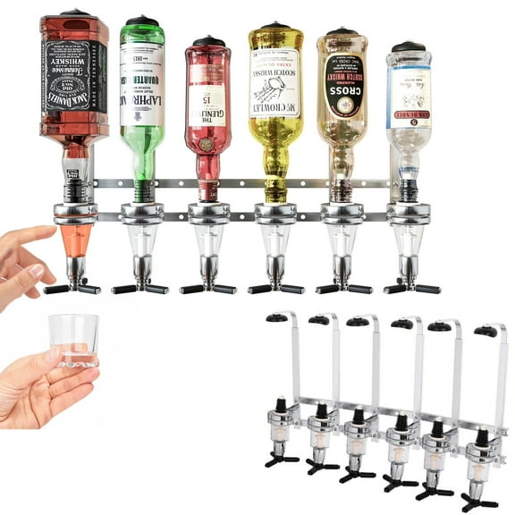 VGBYUJ Universal Liquor Dispenser, 6-Bottle Wall Mounted Wine Dispenser Stand for Home Bar Party, Aluminum Alloy, Silver