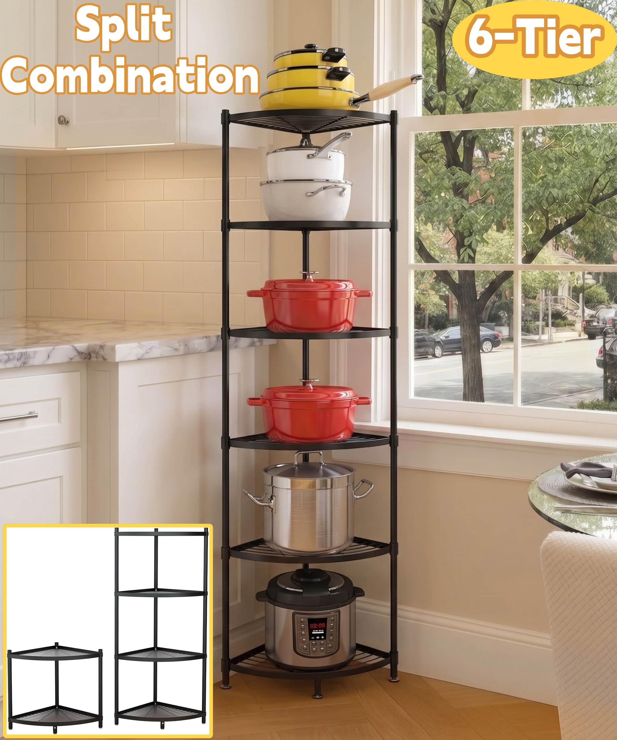 VGBYUJ 6 Tier Corner Pot Rack, Kitchen Corner Shelf, Cookware Stand for Pans Pots and Kettles, 65" Height, Black