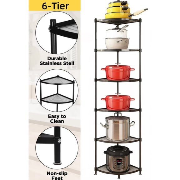 VGBYUJ 6 Tier Corner Pot Rack, Kitchen Corner Shelf, Cookware Stand for Pans Pots and Kettles, 65" Height, Black