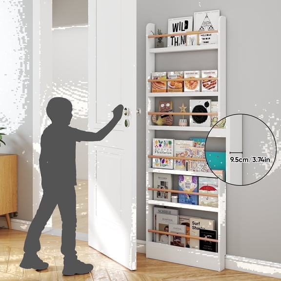 VGBYUJ Behind The Door Bookshelf, 6 Tier Slim Bookcase for Narrow Space, Space-Saving Wall Mount Narrow BookShelf for Bedroom Living Room Kitchen, White