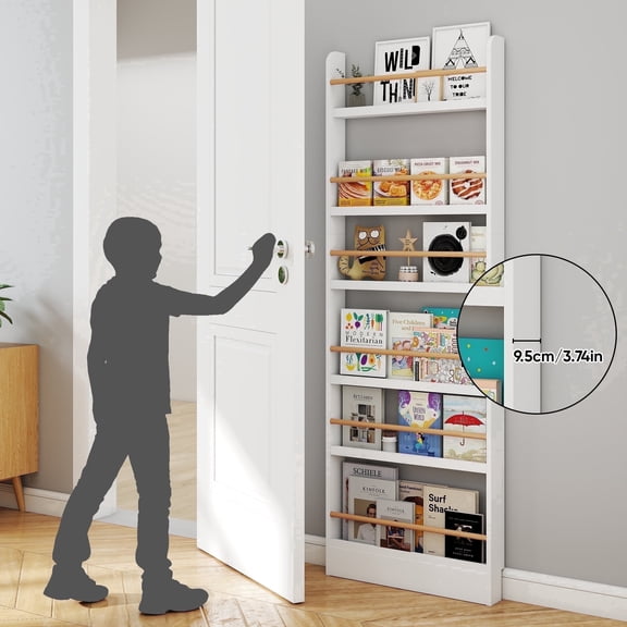 VGBYUJ 6 Tier Slim Behind The Door Bookshelf, 70" Behind The Door Storage Organizer, Space-Saving Wall Mount Narrow Book Shelf for Bedroom Living Room Study, White