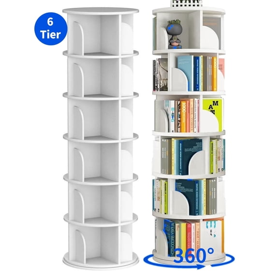 VGBYUJ 6-Tier Wooden Rotating Bookcase, 360° Revolving Bookshelf Organizer with 24 Shelves, Large Display Rack, 74"x18"x18", White