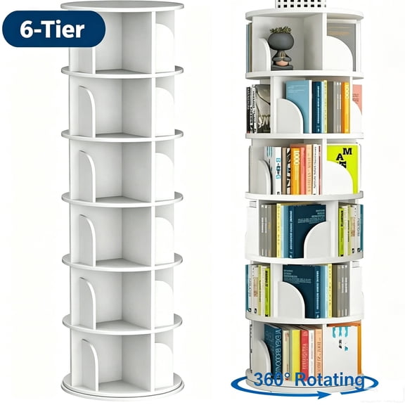 VGBYUJ 6-Tier Wooden Rotating Bookcase, 360 Revolving Display Rack with 24 Shelves, Bookshelf Organizer White 74"x18"x18"