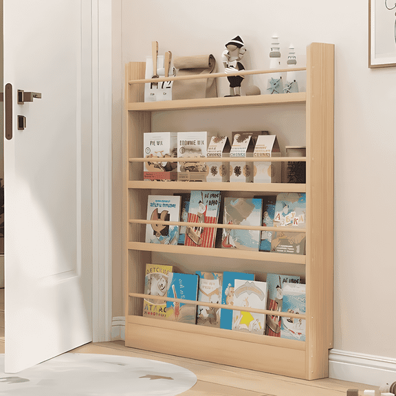 VGBYUJ Behind The Door Bookcase, 47.4" Solid Wood Narrow Bookcase, 4 Tier Corner Bookshelf, Space-Saving Wall Mount Bookcases for Narrow Space, Solid Wood