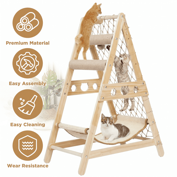 VGBYUJ Cat Hammock, Cat Tower for Indoor Cats with Straching Post Climbing Web and Danging Sisal Ball, Cute Solid Wood Cat Tree