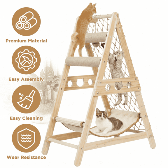 VGBYUJ Cat Hammock, Cat Tower for Indoor Cats with Straching Post Climbing Web and Danging Sisal Ball, Cute Solid Wood Cat Tree