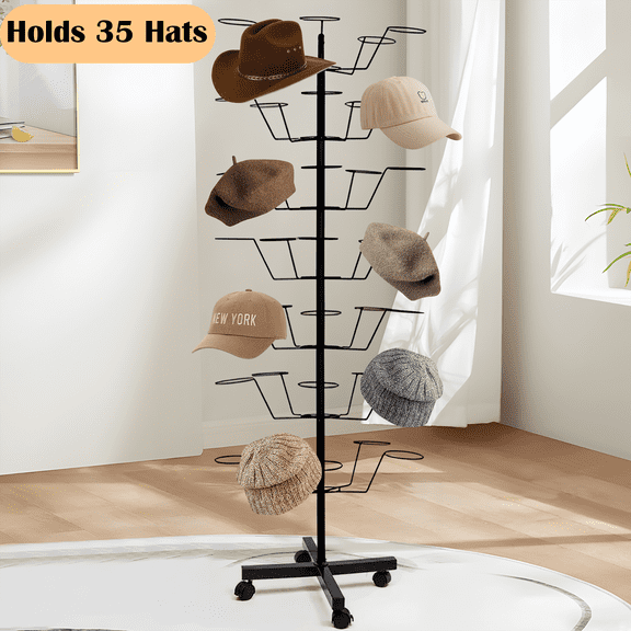 VGBYUJ Hat Rack Stand, 7-Tier Rotating Freestanding 35 Hooks Hat Display Rack, Hat Display Stand with Wheels for Vendors & Home, Stores, Retail