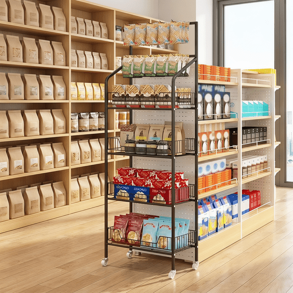 VGBYUJ Heavy-duty 4 Tier Retail Display Rack, Metal 56.3" Height Storage Shelf, Candy Snack Rolling Display Shelves with 10 hooks