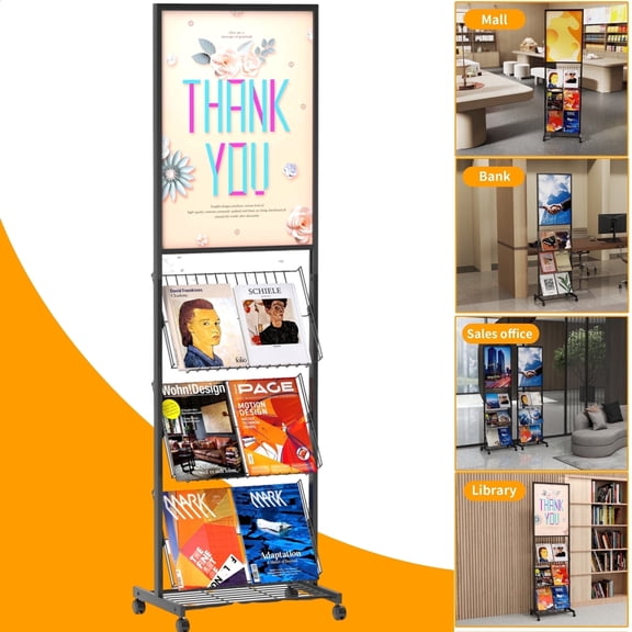 VGBYUJ Floorstanding Magazine Rack, Metal Poster Holder Floor Stand with Wheels for Living Room, Exhibitions, Shops, Offices