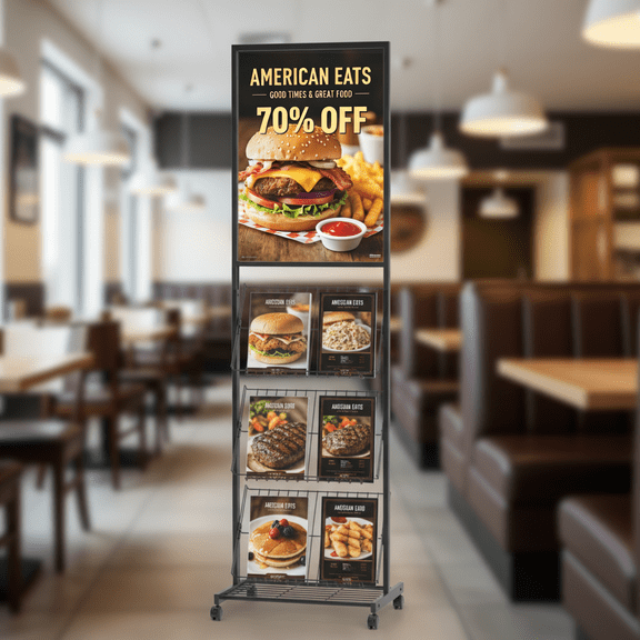 VGBYUJ Floorstanding Magazine Rack, Metal Poster Holder Floor Stand with Wheels for Living Room, Exhibitions, Shops, Offices