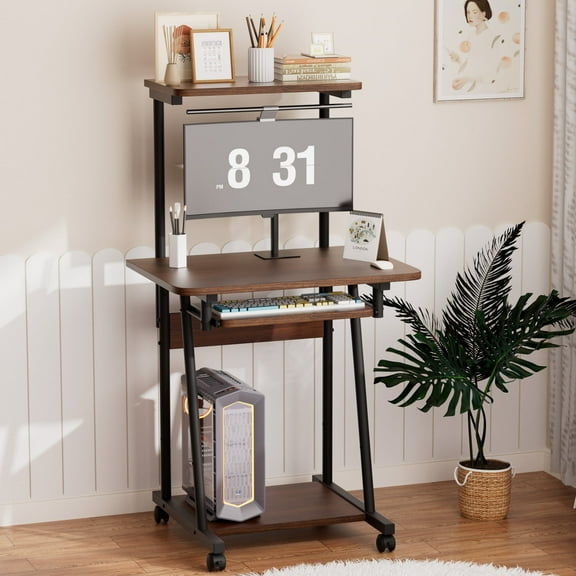 VGBYUJ Rolling Computer Desk, 3 Tier Mobile Computer Desk with Keyboard Tray & Print Shelf for Small Space, Home Office, Brown
