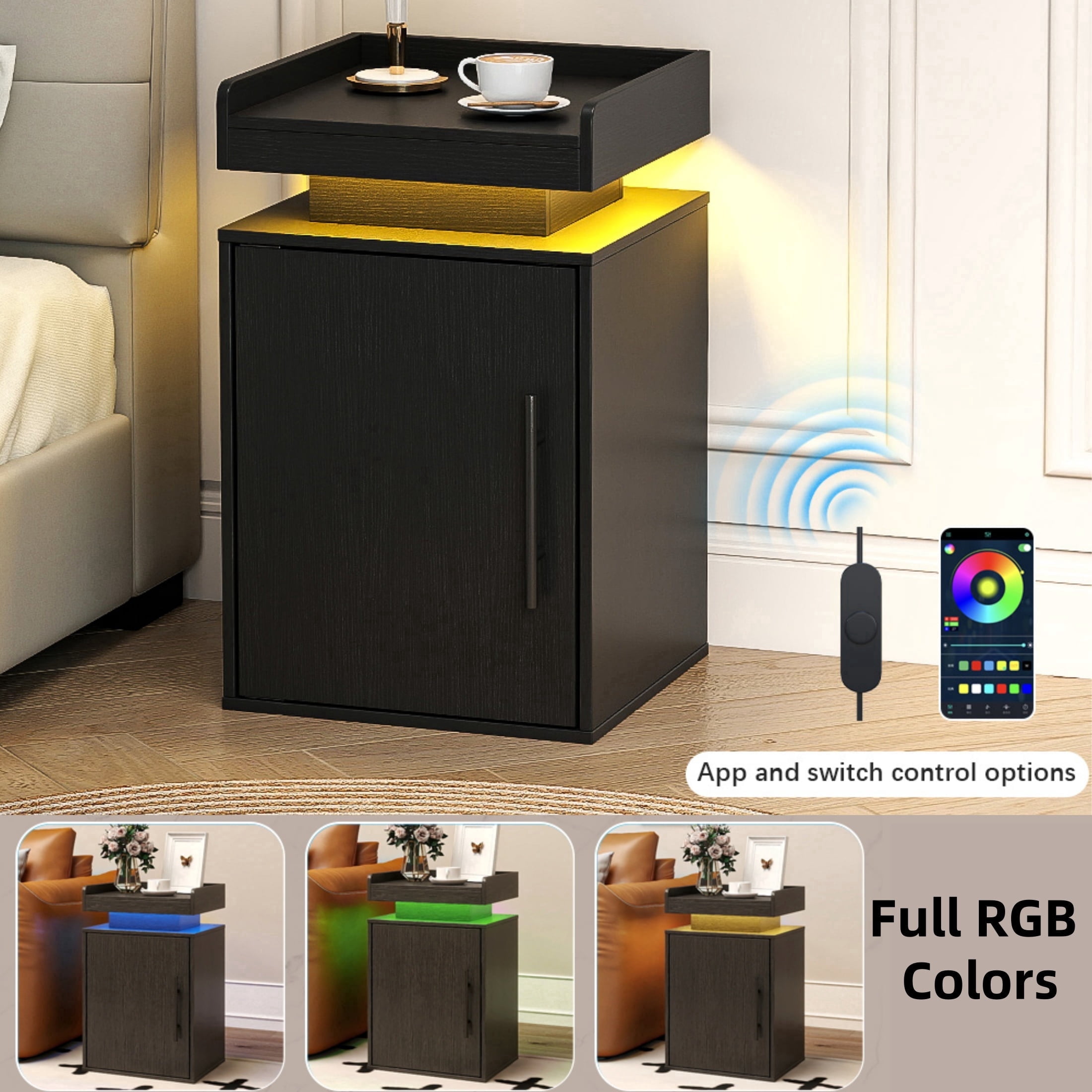 VGBYUJ Nightstand with LED Lights, Wooden Bedside Table with Storage Cabinet and Side Open Shelf, Modern End Table for Bedroom Living Room, Black LED Night Stand