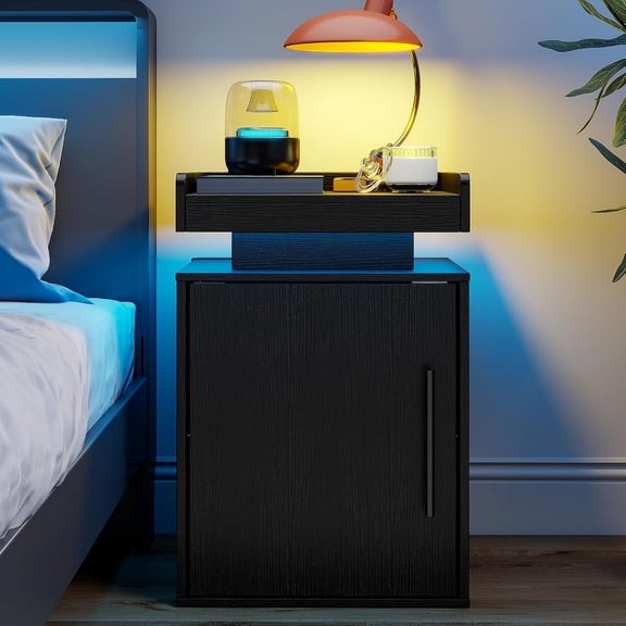 VGBYUJ Nightstand with LED Lights, Wooden Bedside Table with Storage Cabinet and Side Open Shelf, Modern End Table for Bedroom Living Room, Black LED Night Stand
