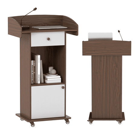 VGBYUJ Podium Stand with Metal Wheels, Mobile Teacher Lecterns & Podiums, Wooden Pulpit for Office, Church, Classroom, Conference Room, Wedding Speech