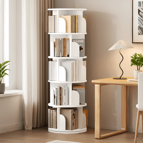 VGBYUJ Rotating Bookcase, 5 Tier Spining Bookshelf, 360° Revolving Bookcase with 20 Shelves, White 63"x18"x18", Adult