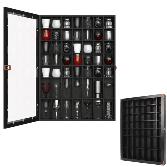 VGBYUJ Wall Mounted Shot Glass Display Case, 49 Slots Display Cabinets with Lockable & Acrylic Door, Shot Glasses Holder for Bars, Mancave, Kitchen