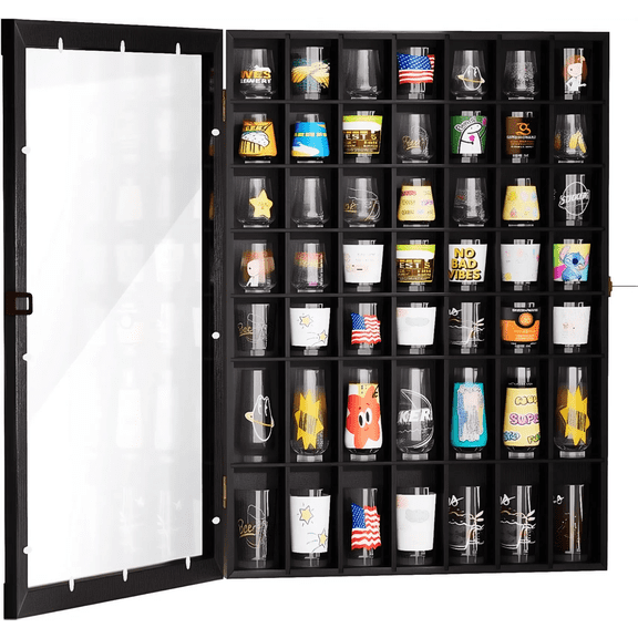 VGBYUJ Shot Glass Display Case, 49 Slots Display Cabinets with Lockable & Acrylic Door, Shot Glasses Holder for Bars, Mancave, Kitchen