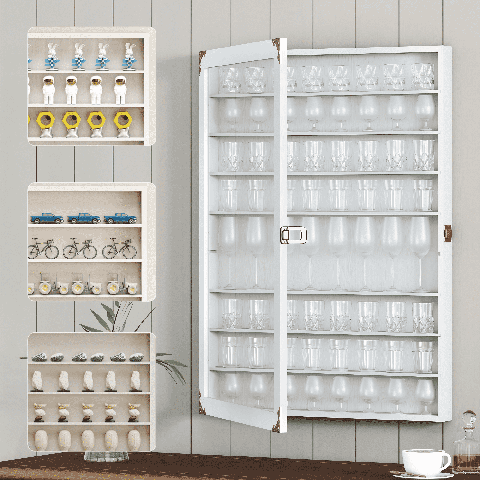 VGBYUJ Wall Mounted Shot Glass Display Case, 72 Slots Curio & Shot Glass Holder with Acrylic Lockable Door & Removable Shelves for Home, 26.85'' x 17.5'' x 3.35'', White