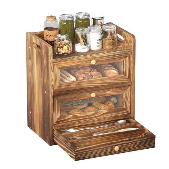 VGBYUJ Trible Layer Large Bread Box for Kitchen Counter, Wooden Large Capacity Bread Storage Bin with Tableware Drawer, Burnt Brown