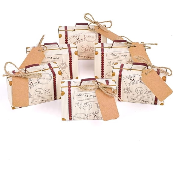 VGOODALL 30PCS Mini Suitcase Favor Boxes, Party Favor Candy Box Vintage Kraft Paper Gift Bag with Tags Burlap String for Party Wedding Decor