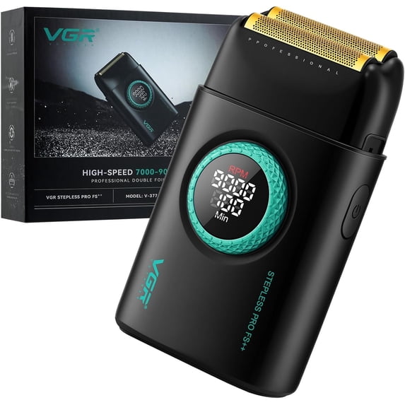 VGR 377 Black electric foil shaver for men with double titanium foils, 21-speed motor, and LED display