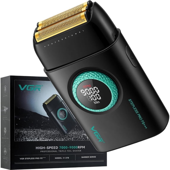VGR 378 Electric Shavers for Men, Triple Floating Blade Foil Shaver Cordless Men's Electric Razor, 9000 RPM Motor Bald Shavers Titanium Foils with LED Display, Barber Supplies (Black)