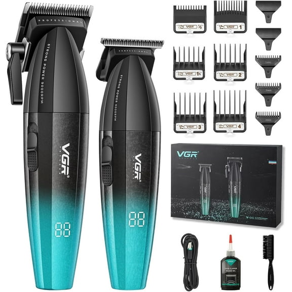 VGR 640S2 Professional Hair Clippers for Men, 9000RPM Cordless Barber Clippers and Trimmers Set, Zero Gap T-Blade Hair Cutting Kit, DLC Coated Ceramic Blade Barber Kit with LED Display(Green)