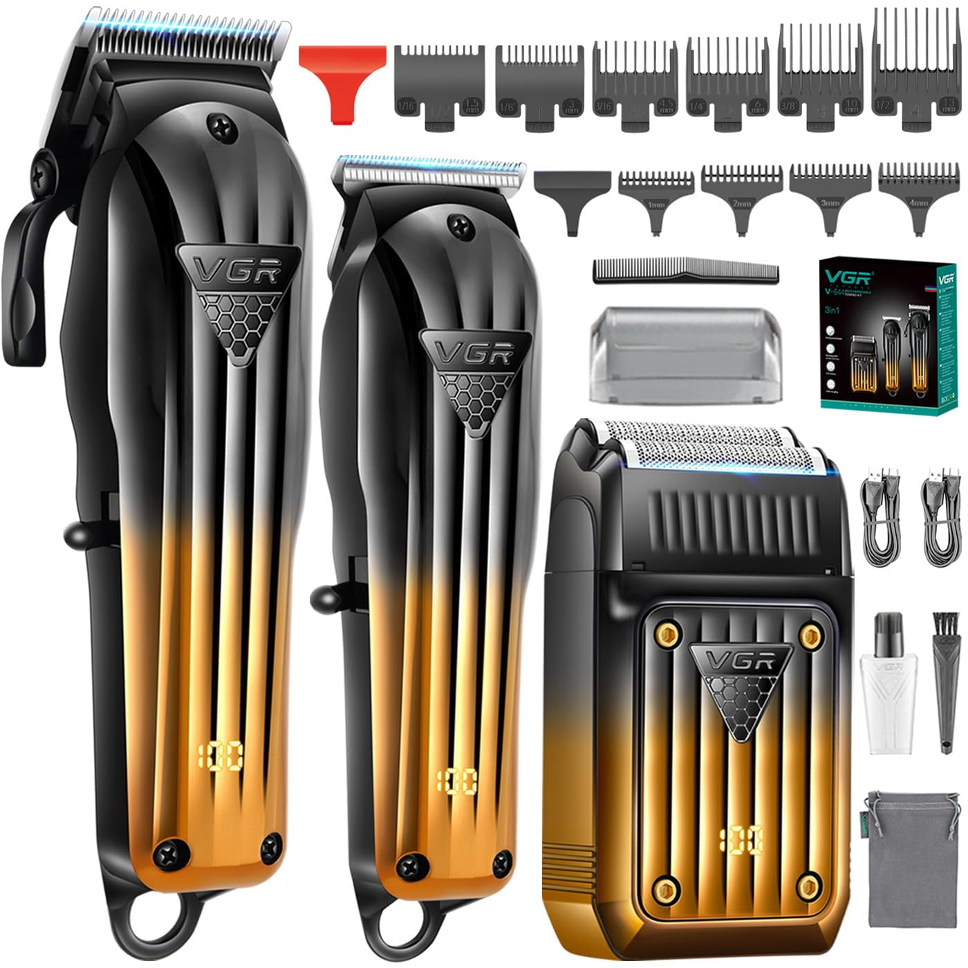 VGR 644 Hair Clippers for Men Professional, Cordless Beard Trimmer & Electric Razor Shavers for Men, Rechargeable 3 Piece Barber Hair Cutting Kit LED Display Men's Grooming Kit C73