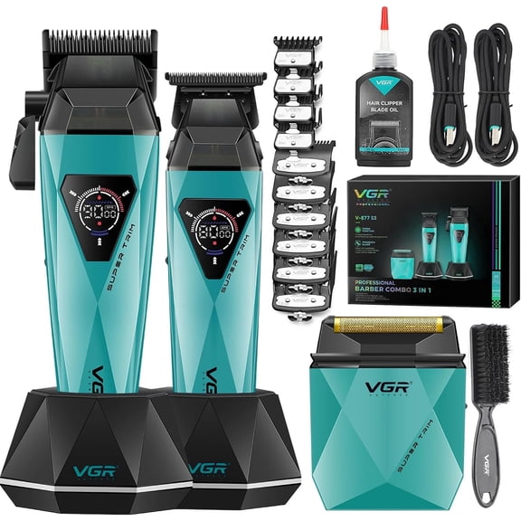 VGR 877S3 Hair Clippers for Men, Professional Hair Cutting Kit with LED Display & Charging Base, Cordless Barber Clippers with Turbo High-Speed 9000RPM Motor, All-in-One Grooming Set, Green