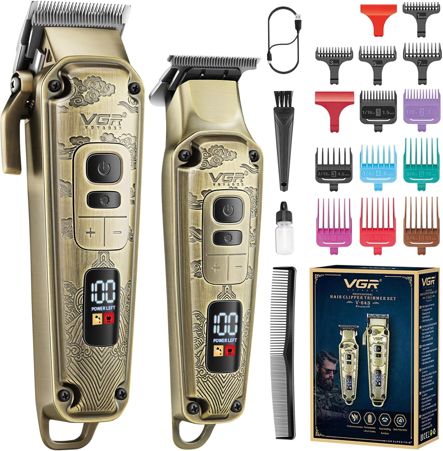VGR Hair Clipper for Men Professional Hair Trimmer Barber Clippers Set, Cord/Cordless Beard Trimmer Hair Grooming Kit, T-Blade Zero Gapped Rechargeable LED Display Haircutting Kit